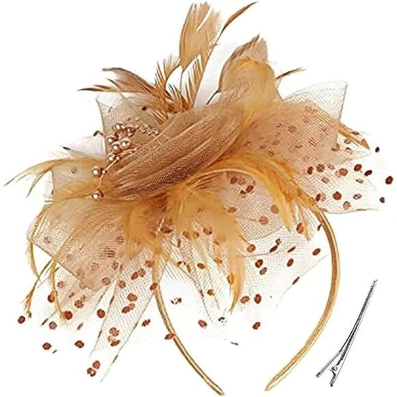 Women's Feather Mesh Flower Fascinator with Headband Gold - Picture 1 of 6